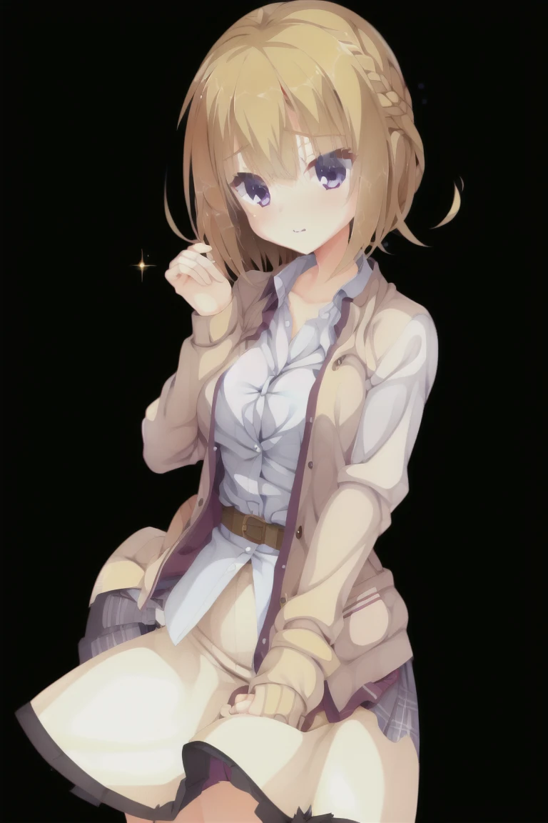 One girl,alone,dark_Blown_hair,Bob_hair,笑face,Light brown cardigan, Loose cardigan, White shirt, Cute Shirts, skirt, pleated skirt, brown skirt, plaid skirt, Thigh-high sleeves_past_wrist,Bedroom,expensive_solve, clear_image, expensive_Contrast, 8k, Sparkling, beautiful_detailed_face_and_eye, (濃い茶色のhair:1.25), 白 eye,Black background