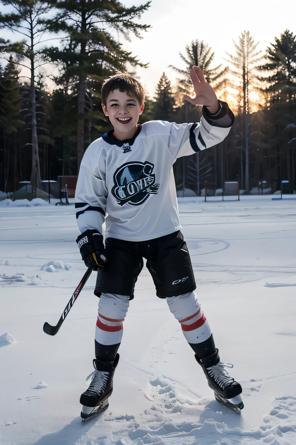 Toothless hockey player smiles on the ice and waves his right hand at the camera,on the left hand there is an ice hockey stick,and in the background there is a forest,trees and light snow