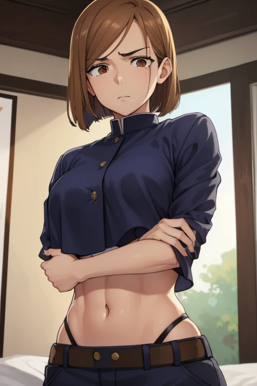 Nobarakugisaki, Nobara Kugisaki, Bob Cut, (brown eyes:1.7), brown hair, labios sexis, pelo corto,
BREAK Belt, 
DESCANSO mirando al espectador, mirada sexi, mirada sensual, 
DESCANSO en interiores, Bedroom,
QUEBRAR (Obra maestra:1.2), La mejor calidad, High resolution, Unidad 8K Fondo de pantalla, (illustration:0.8), (hermosos ojos detallados:1.6), Cara extremadamente detallada, Perfect lighting, CG extremadamente detallado, (Manos perfectas, Perfect anatomy), pose sexi, sensual, provocativa, hot, horny