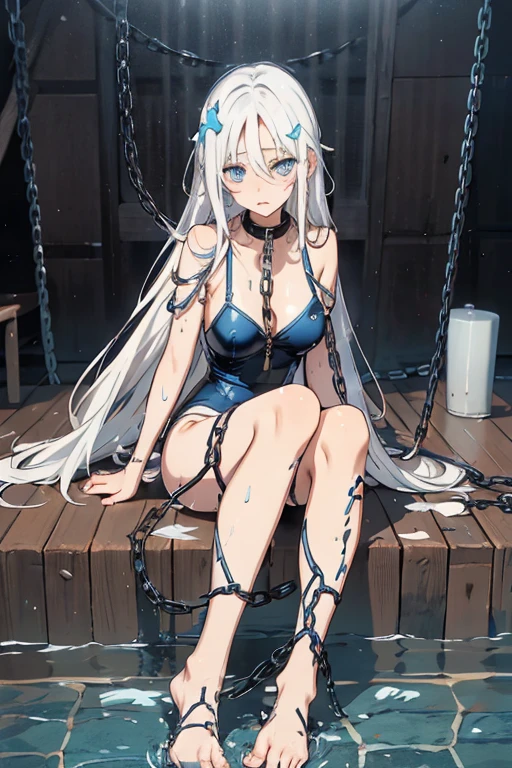 white long straight hair, pretty, barefoot, blue eye, chain collar, white skin, wet, shy, best quality, chain, black swimsuite, young, dirty water