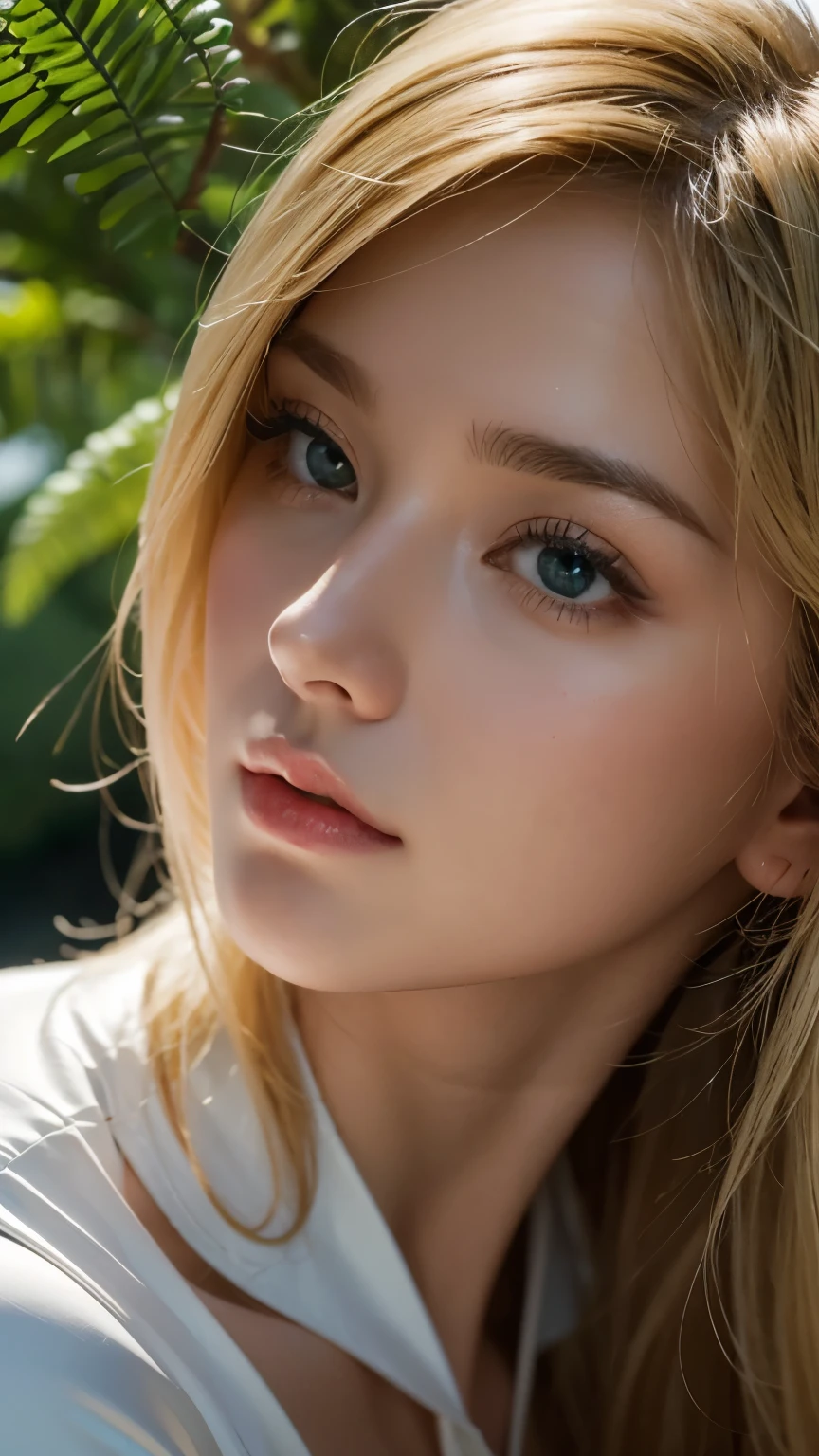 Strong light, Strong contrast, In an open-roofed cave、Sunlight shines through green moss and ferns。, And open( Ocean View:1.1) end, Cel-shaded rendering, 4K, 360 degrees, Equirectangular projection, what, One Girl, 30-year-old woman、Beautiful woman、Long Blonde Hair、White Latex Leotard、White long boots、White arm covers、masterpiece, 最high quality, high quality, High resolution, (((Face close-up)))、、Cleavage