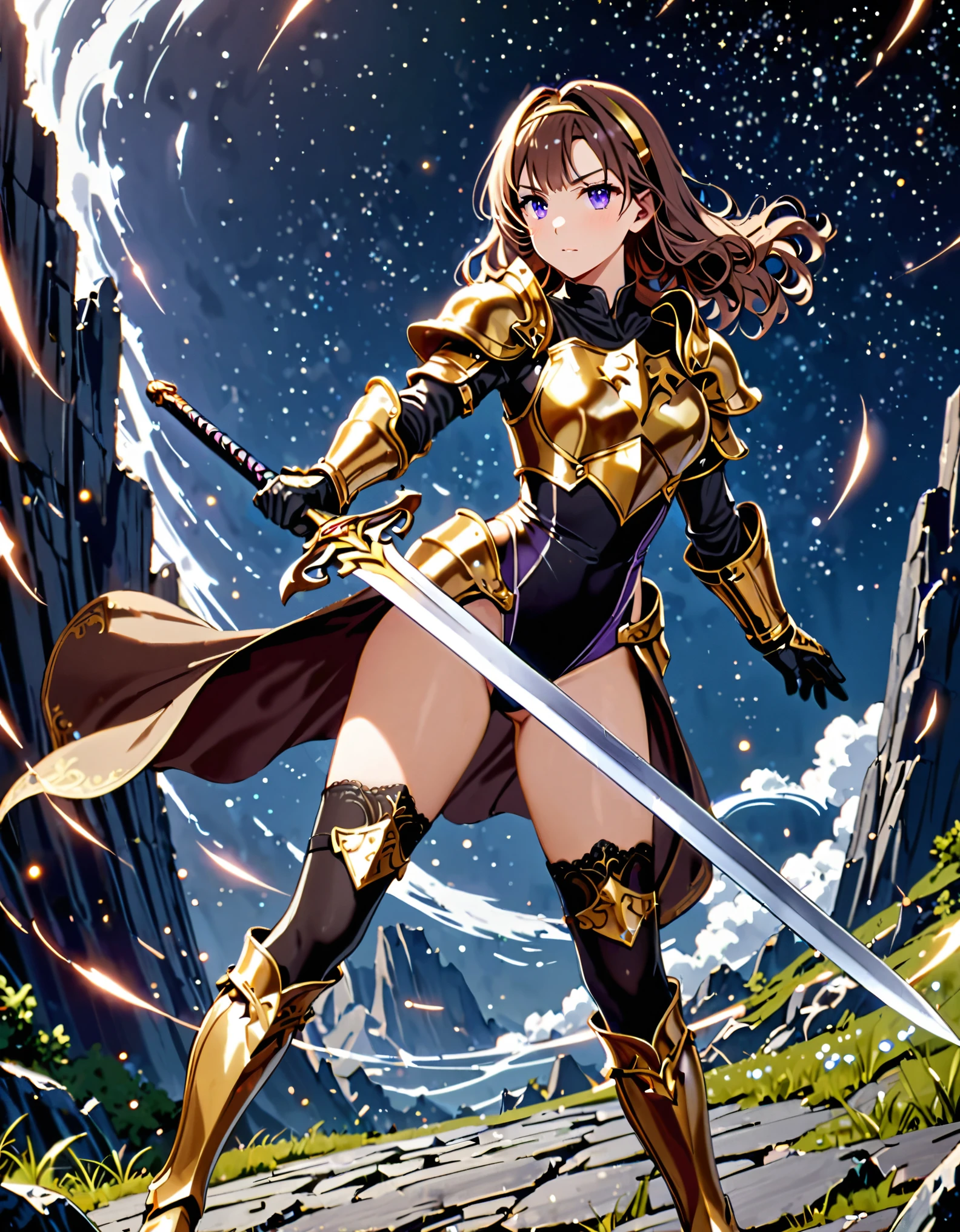 masterpiece, best quality, solo focus, 1girl, 22 years old, brown hair, (wavy hair, short hair), gold headband, purple eyes, beautiful detailed eyes, (gold medieval armor), (eagle (symbol) on chest), gauntlets, (leotard, black leotard, matching leotard, bare legs), (thighhigh leggings, boots, matching boots), perfect hands, (wielding sword, silver broad sword), space backdrop, (diffraction spikes, light particles), solo, (perfect anatomy), (full body shot), cowboy shot curved sword slash, she (spins around) like a (tornado).