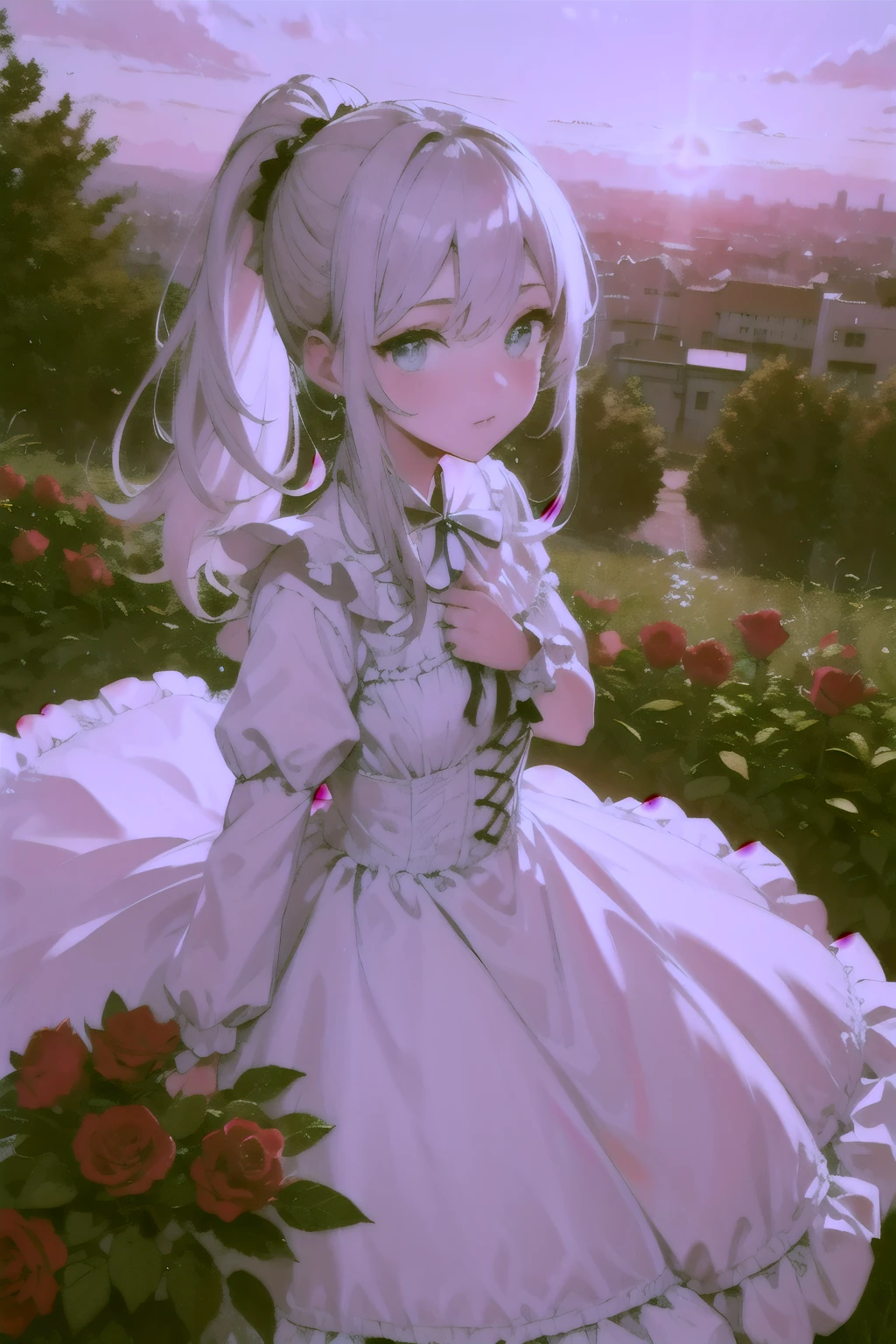 ((best quality)), ((masterpiece)), (detailed), perfect face, long silver hair, ponytail, sky blue eyes, white lolita dress, rose bushes, sunset