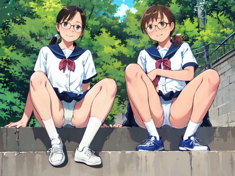 highest quality, Ultra-high resolution, (Realistic: )2D official style cel animation,((2Girls sitting in a row))Primary school students、Brown、ponytail、White Big Ribbon、Glasses、Blue Check Mini Skirt,summer shirt,Unbutton、(Lace panties),loose socks,sneakers,Full body portrait,(From below),Station stairs,sunny,Spread your legs、from the front、blush、shut up、