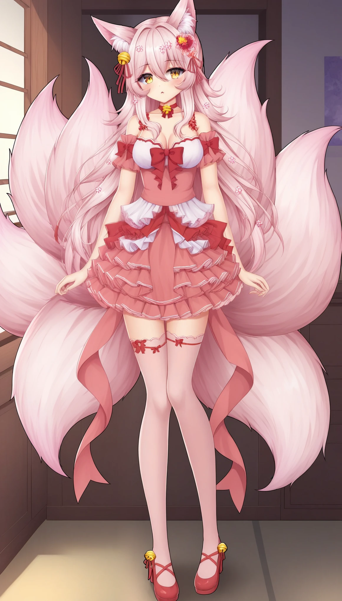 KitsunnyStarVTXL, animal ears, animal ear fluff, yellow eyes, pink hair, long hair, sidelocks, hair between eyes, hair ornament, hair flower, hair bell, red choker bell, medium breasts, fox tail, multiple tails, bare shoulders, cleavage, pink dress, red ribbon, pink skirt, frills, pink thighighs, shoes, solo, standing, looking at viewer, indoors