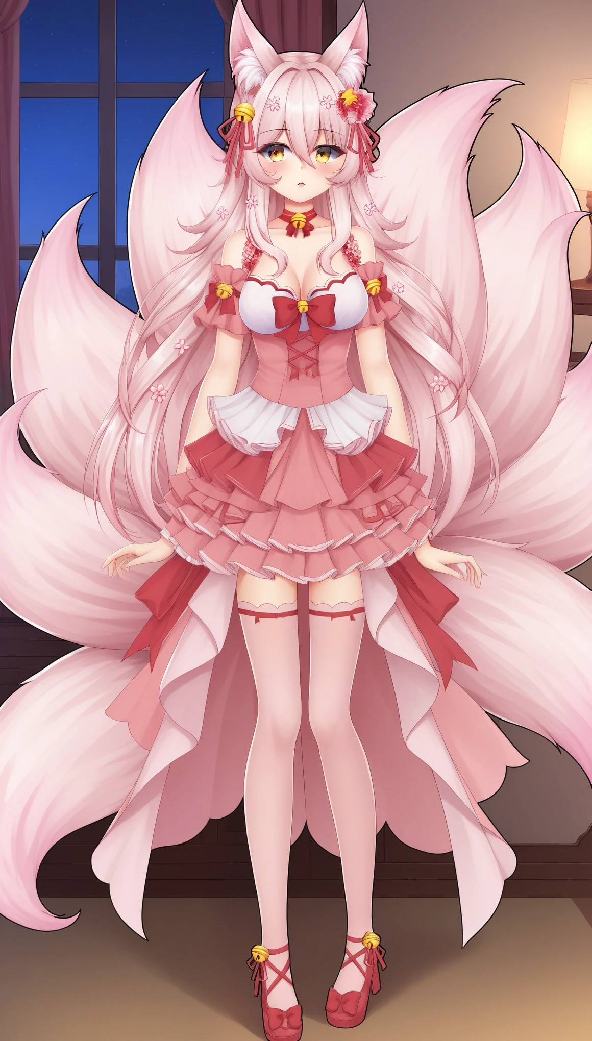 KitsunnyStarVTXL, animal ears, animal ear fluff, yellow eyes, pink hair, long hair, sidelocks, hair between eyes, hair ornament, hair flower, hair bell, red choker bell, medium breasts, fox tail, multiple tails, bare shoulders, cleavage, pink dress, red ribbon, pink skirt, frills, pink thighighs, shoes, solo, standing, looking at viewer, indoors