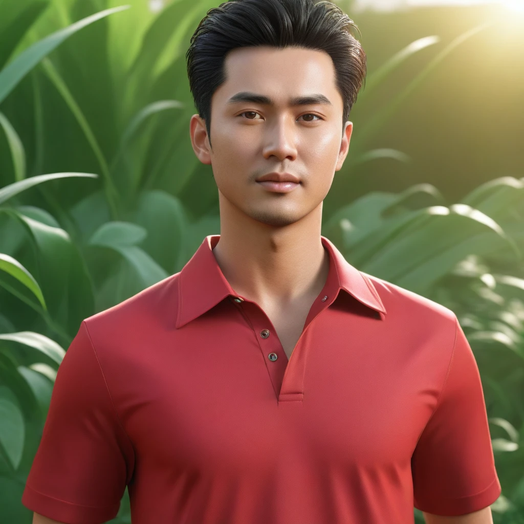 Araaf man wearing a shirt, image of a man wearing a red shirt; Real 3D engine, Smooth 3d cg rendering, realistic anime, 8K vertical rendering, His handsome face was as beautiful as a photograph., Realistic 3D characters, 3D character art rendering 8 k, Realistic rendering, Shiny skin, Blue hyper realistic 3D rendering standing in a field of green plants., Handsome Chad Chin, Damian Tran, with the sun shining on it, The sun is shining, The sun is behind him., Charming and good looking, Rick Dai, Shot at golden hour, On a clear day, David Luong, Hot with bright sunlight, the The sun is shining, nice afternoon lighting