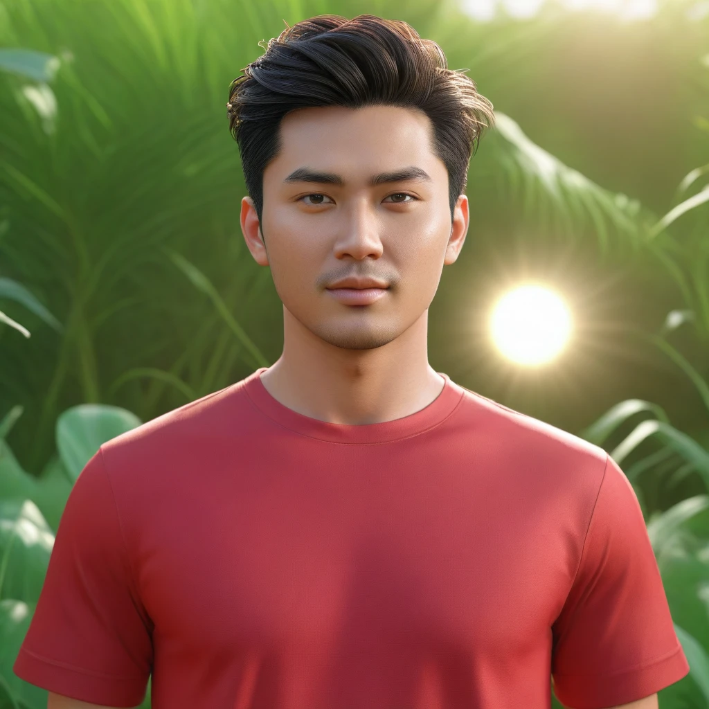 Araaf man wearing a shirt, image of a man wearing a red shirt; Real 3D engine, Smooth 3d cg rendering, realistic anime, 8K vertical rendering, His handsome face was as beautiful as a photograph., Realistic 3D characters, 3D character art rendering 8 k, Realistic rendering, Shiny skin, Blue hyper realistic 3D rendering standing in a field of green plants., Handsome Chad Chin, Damian Tran, with the sun shining on it, The sun is shining, The sun is behind him., Charming and good looking, Rick Dai, Shot at golden hour, On a clear day, David Luong, Hot with bright sunlight, the The sun is shining, nice afternoon lighting