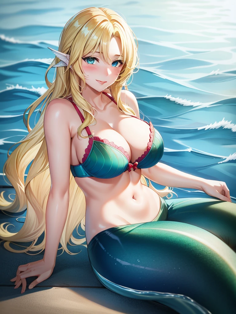 mermaid, blonde hair, long hair, wavy hair, blue eyes, red lips, smile, blush, large breasts, bra, underwater, green mermaid, silicone mermaid tail, 