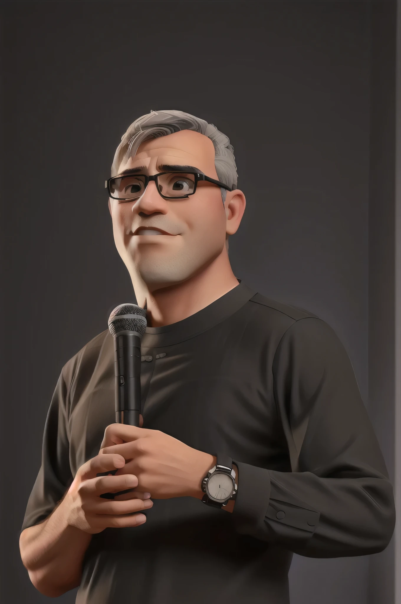 Brunette man with glasses and gray hair in black shirt and holding a microphone
