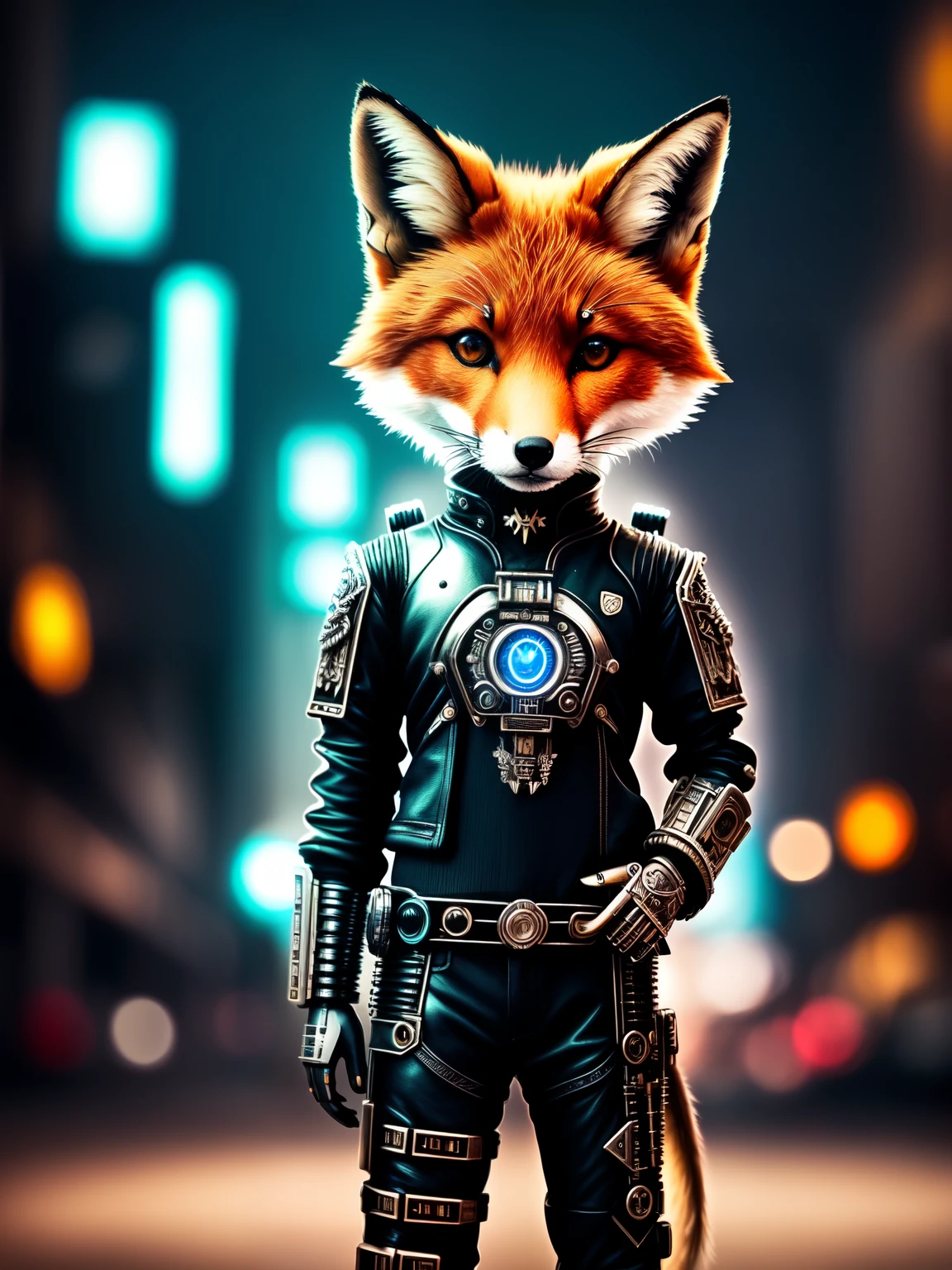 a small cute fox made out of chromatic metal, (cyborg:1.1), ([tail | detailed wire]:1.3), (intricate details), hdr, (intricate details, hyperdetailed:1.2), cinematic shot, vignette, centered, cyberpunk
