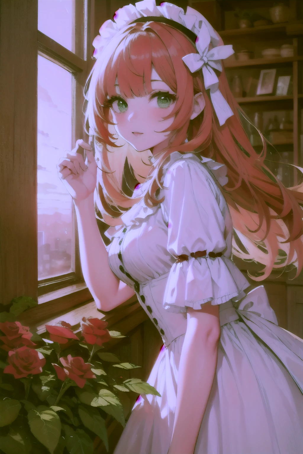 ((best quality)), ((masterpiece)), (detailed), perfect face, long orange hair, white lolita dress, rose bushes, sunset, green eyes