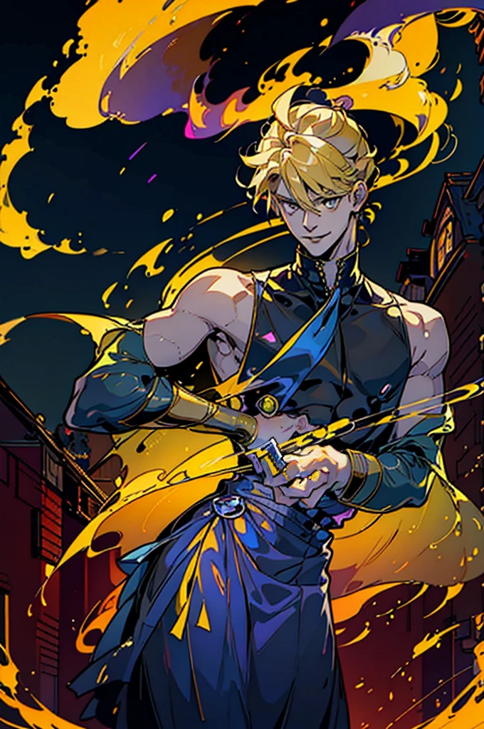1boy, 25 year old man, thin male, thin shoulders, (holding a cigarette), blonde hair, yellow eyes, veste de costume noire, chemise jaune à boutons, cravate noire, full yellow classy outfit work man (including buttoned shirt), (style1.2:classy, modern, work), arrogant attitude, mocking smile, face lighting, best quality, 8k, 4k, uhd, Sanji, fanart officiel, [digital art], dans un style anime, made with anime painter studio, hadesstyle, spike spiegel, cowboy bebop saeki yuzuru, CollarxMalice, heiwajiwa shizuo, durarara, kise ryouta suit fanart