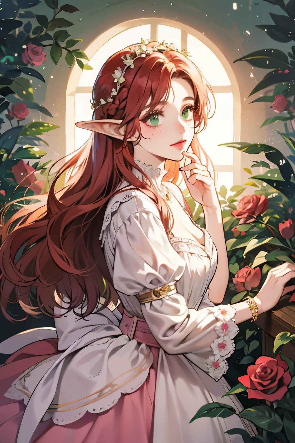 woman, beautiful, redhead, side part hairstyle, dark green eyes, flower crown, pink roses, dress, princess, fantasy, elf, freckles, glasses