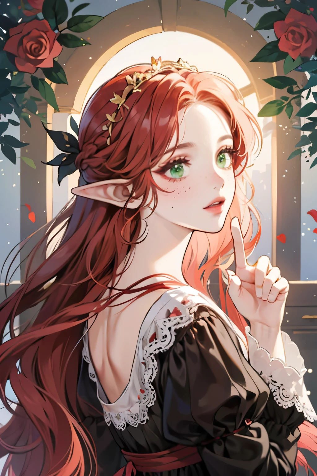 woman, beautiful, redhead, side part hairstyle, dark green eyes, flower crown, pink roses, dress, princess, fantasy, elf, freckles, glasses
