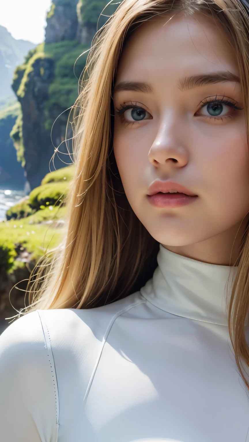 Strong light, Strong contrast, In an open-roofed cave、Sunlight shines through green moss and ferns。, And open( Ocean View:1.1) end, Cel-shaded rendering, 4K, 360 degrees, Equirectangular projection, what, One Girl, 30-year-old woman、Beautiful woman、Long Blonde Hair、White Latex Leotard、White long boots、White arm covers、masterpiece, 最high quality, high quality, High resolution, (((Face close-up)))、、Cleavage