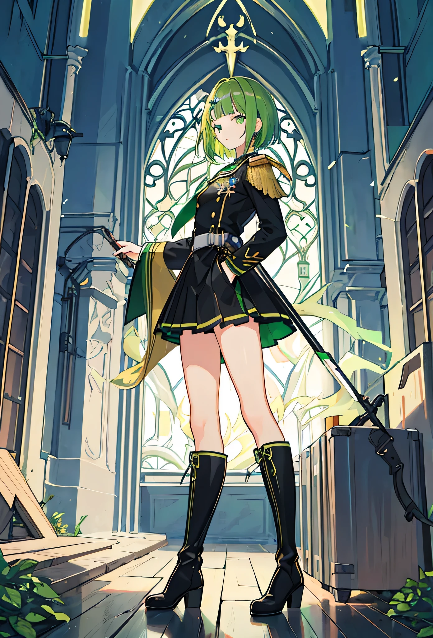 [(cathedral background:1.4)::5],original,(figure:1.1),(highest quality),(Tabletop:1.1),(Highly detailed CG Unity 8k wallpaper:1.1), (colorful:0.9),(Mid Shot:0.95),(very detailed beautiful whole body),Dynamic Angle,(alone:1.2), (girl),(((Adult))), (Beautiful eyes in every detail:1.15), (Beautiful Face:1.15), (Glowing green eyes:1.25////),(Jewelry Eyes),(Green Short Hair),(Blunt bangs),((The girl wear a black knight uniform)),Realistic,, girl,Green Hair,((Black long boots)), Black mini skirt,Black knee socks(rage),(Contempt and contempt),rage,(beautiful slender girl),((Adult)),((whole body)),Battle Maiden, Ornaments,((thin legs)),((slender girl)),front angle,front angle,