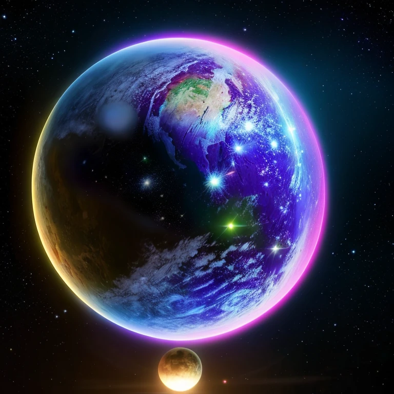 A planet different from the known one with vibrant colors like red, yellow, green, purple, blue, etc., with a very beautiful galaxy behind full of white stars and the galaxy itself black and purple, balanced light, balanced shadows, natural, ultra realistic, Photoshop, japanese art, winter look