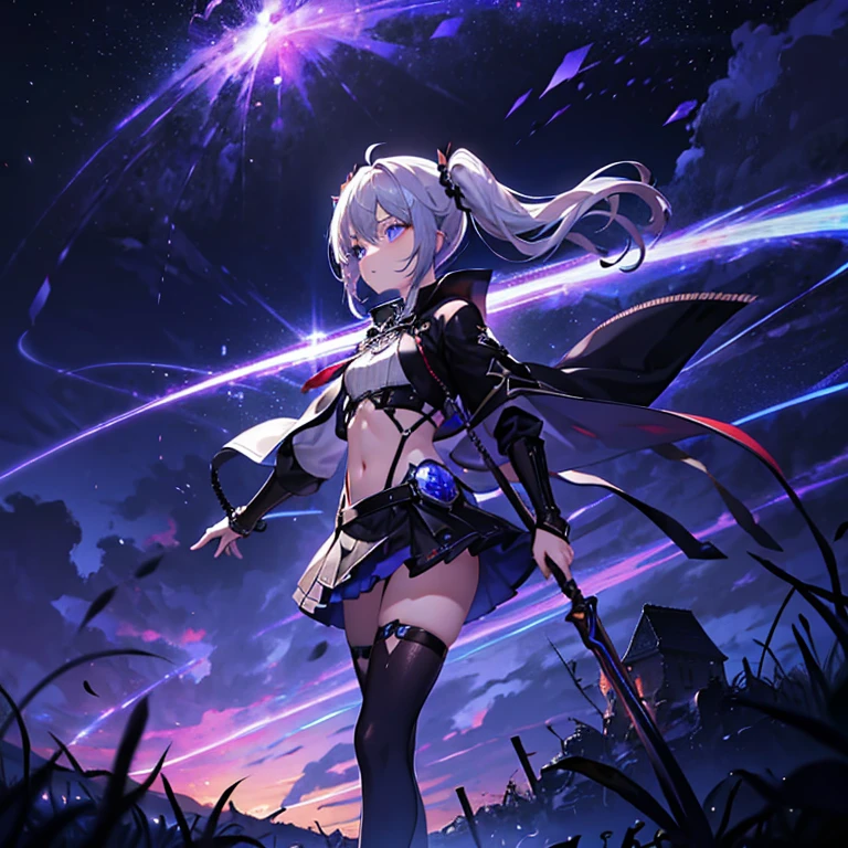 1 girl, solo, short girl, lolita, highly detailed silver hair with purple tips, crystal hair, back twintails, beautiful deep blue eyes, cross-shaped pupils, eye exuding red fog, glowing eyes, small breasts, intricate black blue and gray crop_top with threads, wearing an armoured arm, threaded outfit, mini skirt, black crown on head, short black socks, holding bow-like weapon, fantasy-style brown shoes, concentrated expression, aiming with weapon, side view, woods in background