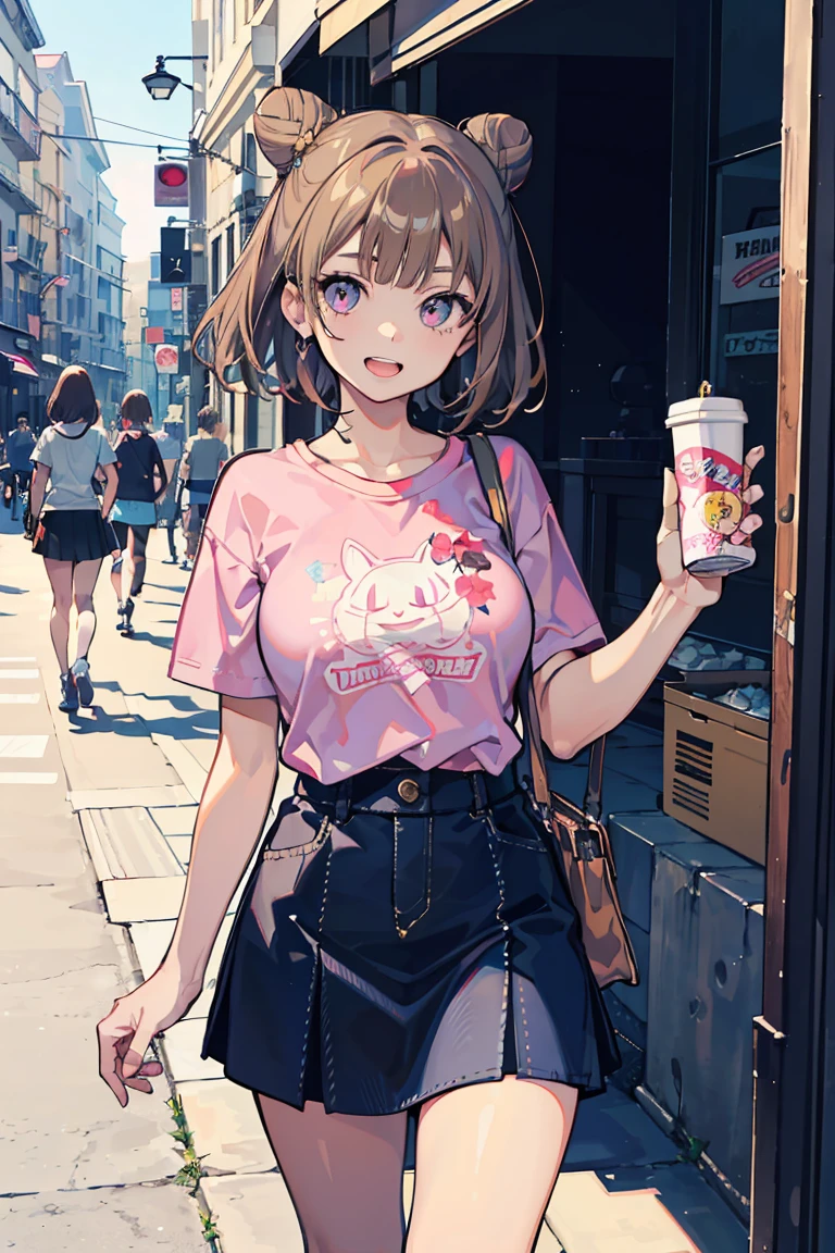 One girl, (super high quality), masterpiece, wild, beast, (Girl with light brown hair), smile, Mouth open, Pink T-shirt with a character on it, skirt, Casual Scene, Relaxed atmosphere, She is wearing fashionable clothes,Summer sunshine, Street atmosphere, urban environment. Perfect body, (E Cup:1.2), Troubled expression, teeth, Fresh, (Asymmetrical bangs:1.3),Short Bob,Bun Hair, Highly detailed face and eyes, Young Face, Digital Art, beautiful, Cinema Lighting, by Yusuke Murata.tonality, Romanticism, modern art, Impressionism, reflected light, 8k, masterpiece, Advanced Details, highest quality, Accurate anatomy