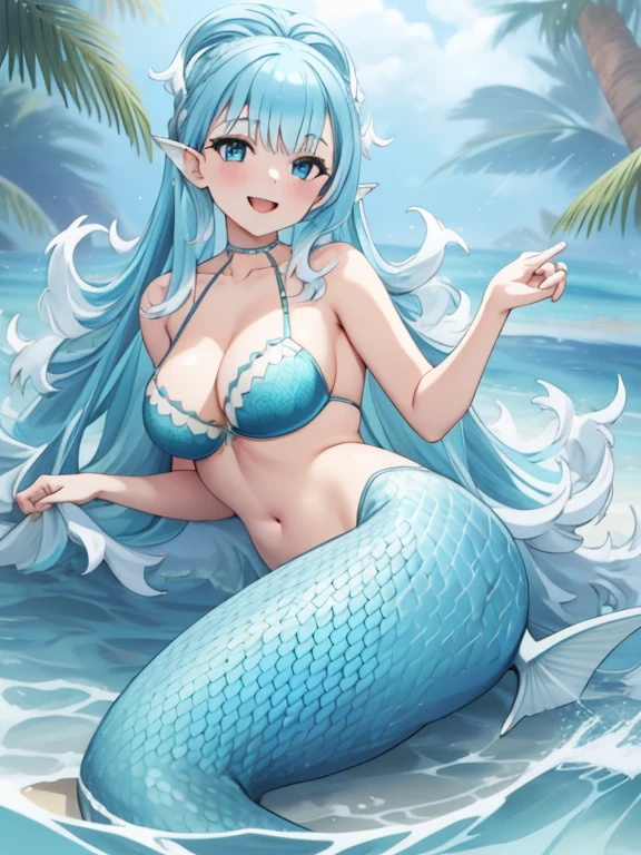 mermaid, (masterpiece, best quality),  intricate details, 
1girl,   Kobo, Multicolored hair, Aqua eyes,  light blue hair, white hair tips, 
large breasts, smiling, opened mouth, bra, long shark mermaid tail below waistline, fins ears, blue fish scales on skin, water,