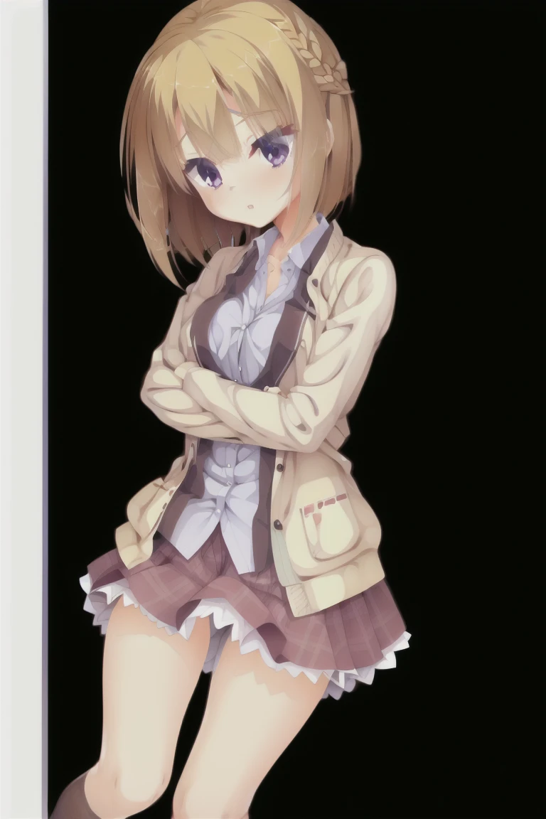 One girl,alone,dark_Blown_hair,Bob_hair,笑face,Light brown cardigan, Loose cardigan, White shirt, Cute Shirts, skirt, pleated skirt, brown skirt, plaid skirt, Thigh-high socks,Bedroom,expensive_solve, clear_image, expensive_Contrast, 8k, Sparkling, beautiful_detailed_face_and_eye, (濃い茶色のhair:1.25), 白 eye,Black background