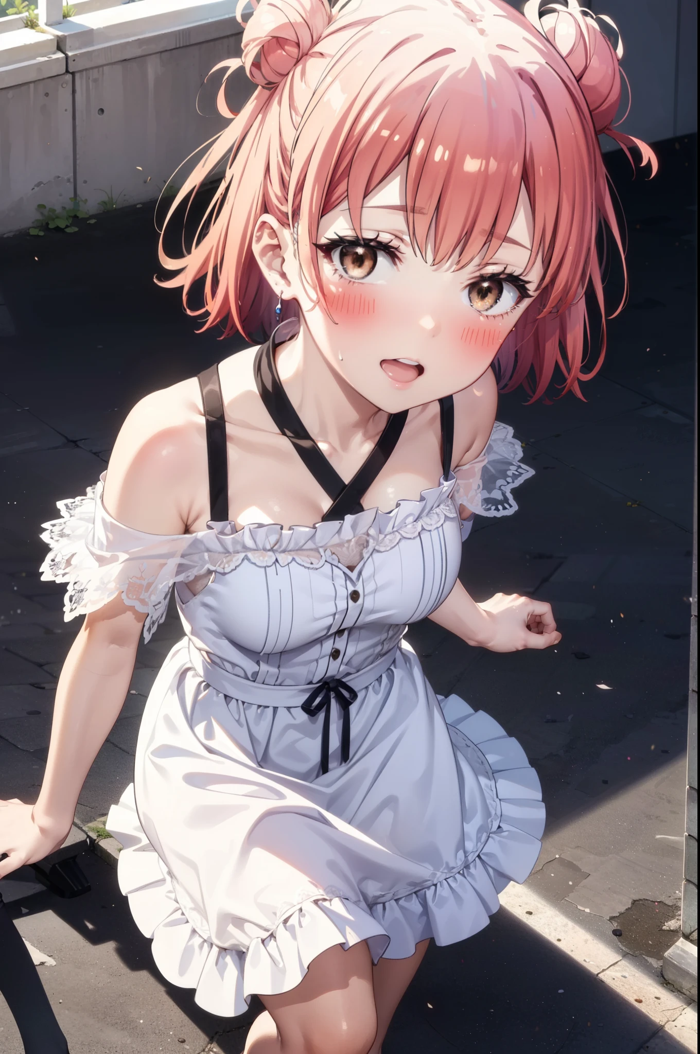 yuiyuigahama, yui yuigahama, short hair, (Brown eyes:1.5), (Pink Hair:1.2), Hair Bun, single Hair Bun, happy smile, smile, Open your mouth,Cord off-shoulder top,Short sleeve,Long skirt,Stiletto heels,morning,morning陽,The sun is rising,walk,whole bodyがイラストに入るように,Looking down from above,morning,morning陽,The sun is rising,On the way to school,
break outdoors, School,School building,
break looking at viewer, whole body,
break (masterpiece:1.2), highest quality, High resolution, unity 8k wallpaper, (shape:0.8), (Beautiful details:1.6), Highly detailed face, Perfect lighting, Highly detailed CG, (Perfect hands, Perfect Anatomy),