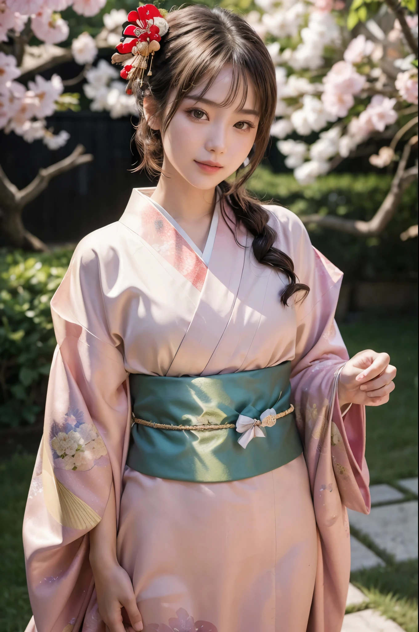 (masterpiece, highest quality, Realistic, High resolution, photograph, :1.3), Sharp focus, 1 Cute Japanese Girl, Hot Model, Highly detailed eyes and pupils, Realistic Skin, Highly detailed hair, Delicate face, Sensual look, Bright lips, Natural Lip, ((whole body shot)), standing pose, smile, (Kimono:1.5), (Floral:1.2), ((sash)), ((obi)), outside of home, (Japanese Style Country), full body,