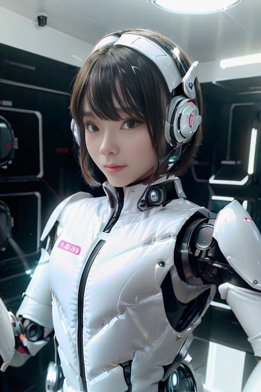 A girl in a futuristic bright white heavily armored robot suit takes a photo、perfect android girl, Female cyborg body, Perfect anime cyborg woman, Beautiful female android!, Female Robot, completely robot!! girl, Cute cyborg girl, Cyber Suit, Girl wearing mecha cybernetic armor, Cyber Suit, beutiful white girl cyborg, Beautiful female android, Beautiful girl cyborg、Cute cyborg girl with short bob hair、Beautiful android sculpture model、(Laughter)、((Rounded, white, sturdy armor))、(((Equipped with long sensor antennas on both ears)))、(((Robot Girl)))、(((Android girls)))、