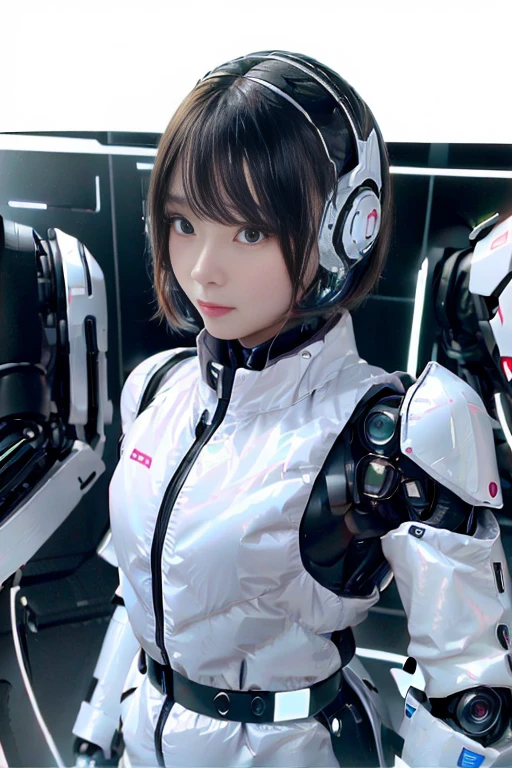 A girl in a futuristic bright white heavily armored robot suit takes a photo、perfect android girl, Female cyborg body, Perfect anime cyborg woman, Beautiful female android!, Female Robot, completely robot!! girl, Cute cyborg girl, Cyber Suit, Girl wearing mecha cybernetic armor, Cyber Suit, beutiful white girl cyborg, Beautiful female android, Beautiful girl cyborg、Cute cyborg girl with short bob hair、Beautiful android sculpture model、(Laughter)、((Rounded, white, sturdy armor))、(((Equipped with long sensor antennas on both ears)))、(((Robot Girl)))、(((Android girls)))、