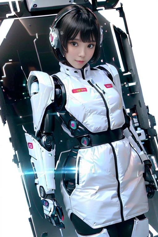 A girl in a futuristic bright white heavily armored robot suit takes a photo、perfect android girl, Female cyborg body, Perfect anime cyborg woman, Beautiful female android!, Female Robot, completely robot!! girl, Cute cyborg girl, Cyber Suit, Girl wearing mecha cybernetic armor, Cyber Suit, beutiful white girl cyborg, Beautiful female android, Beautiful girl cyborg、Cute cyborg girl with short bob hair、Beautiful android sculpture model、(Laughter)、((Rounded, white, sturdy armor))、(((Equipped with long sensor antennas on both ears)))、(((Robot Girl)))、(((Android girls)))、