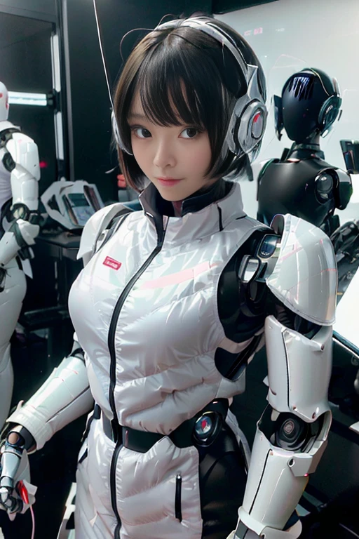 A girl in a futuristic bright white heavily armored robot suit takes a photo、perfect android girl, Female cyborg body, Perfect anime cyborg woman, Beautiful female android!, Female Robot, completely robot!! girl, Cute cyborg girl, Cyber Suit, Girl wearing mecha cybernetic armor, Cyber Suit, beutiful white girl cyborg, Beautiful female android, Beautiful girl cyborg、Cute cyborg girl with short bob hair、Beautiful android sculpture model、(Laughter)、((Rounded, white, sturdy armor))、(((Equipped with long sensor antennas on both ears)))、(((Robot Girl)))、(((Android girls)))、