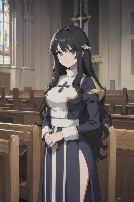 (masterpiece, best quality:1.2), HighPriestRO, 1 female, solo focus, blue and white dress, black long wavy hair without bangs, brown sweet detailed eyes, smiling, formal, standing in front of a church altar, ultra detailed
