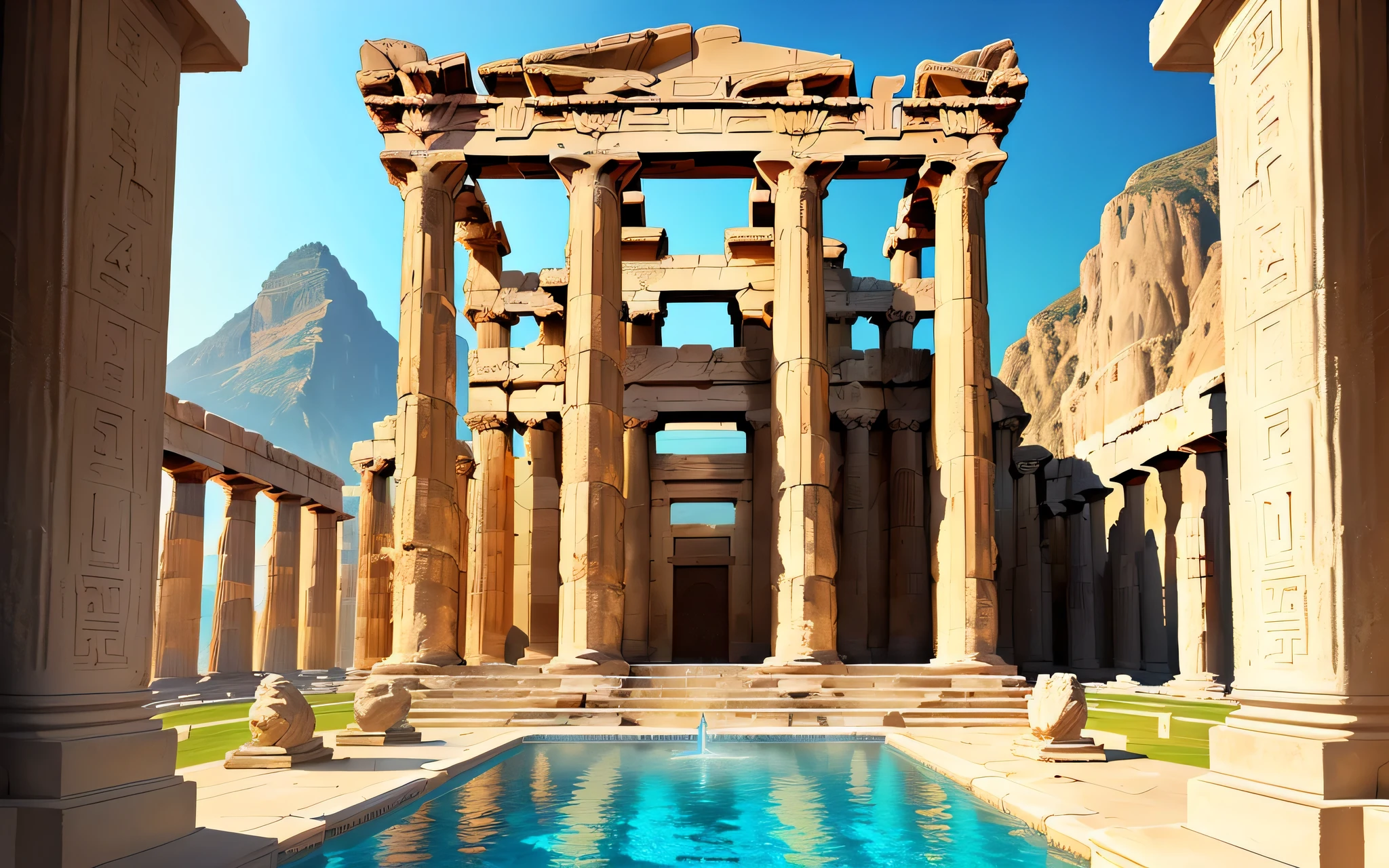 painting of a large building with a pool and a mountain in the background, greek temple background, background depicting a temple, temple background, ancient greek temple, ancient temple, greek temple, roman festival backdrop, by Aneurin Jones, colorful city in ancient egypt, ancient greek temple ruins, greek-esque columns and ruins, water temple, artist unknown