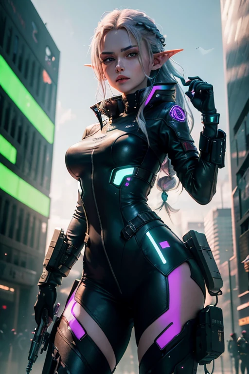 ((Best quality)), ((Meisterwerk)), (Detaillierte:1.4), 3D, a picture of a beautiful cyberpunk woman,hdr (Hoher Dynamikbereich),Raytracing,NVIDIA RTX,Super-Resolution,Unwirklich 5,Untergrundstreuung,PBR-Texturierung,Nachbearbeitung,Anisotrope Filterung,depth of field,maximum clarity and sharpness,Mehrschichtige Texturen,Albedo- und Specular-Karten,Surface shading,Precise simulation of the interaction between light and matter,Perfekte Proportionen,Octane Render,Zweifarbige Beleuchtung,wide aperture,Niedriger ISO,White balance,Drittelregel,8K RAW,Create an image of a futuristic city during the day, with towering buildings illuminated by neon lights. In the center of the image stands a young woman with long, purple hair braided into a plait. She has glowing green eyes and pointed elf-like ears. Her left arm is a high-tech cybernetic arm with glowing neon accents. She is wearing a futuristic military jacket and tactical gear, including a belt with various tools and gadgets. The city in the background is densely built, with many details and glowing elements reflecting a high-tech environment.