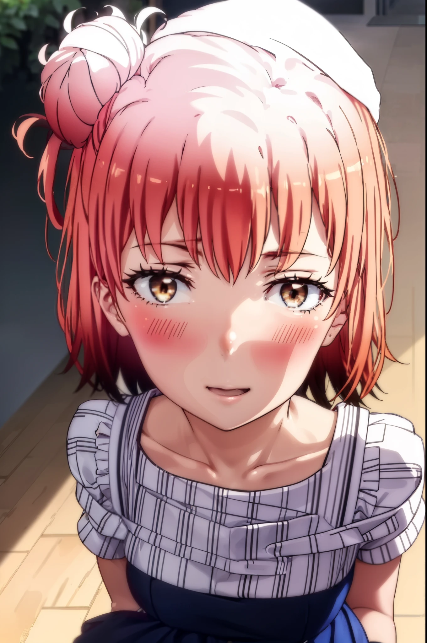 yuiyuigahama, yui yuigahama, short hair, (Brown eyes:1.5), (Pink Hair:1.2), Hair Bun, single Hair Bun, happy smile, smile, Open your mouth,Cord off-shoulder top,Short sleeve,Long skirt,Stiletto heels,morning,morning陽,The sun is rising,walk,whole bodyがイラストに入るように,Looking down from above,morning,morning陽,The sun is rising,On the way to school,
break outdoors, School,School building,
break looking at viewer, whole body,
break (masterpiece:1.2), highest quality, High resolution, unity 8k wallpaper, (shape:0.8), (Beautiful details:1.6), Highly detailed face, Perfect lighting, Highly detailed CG, (Perfect hands, Perfect Anatomy),