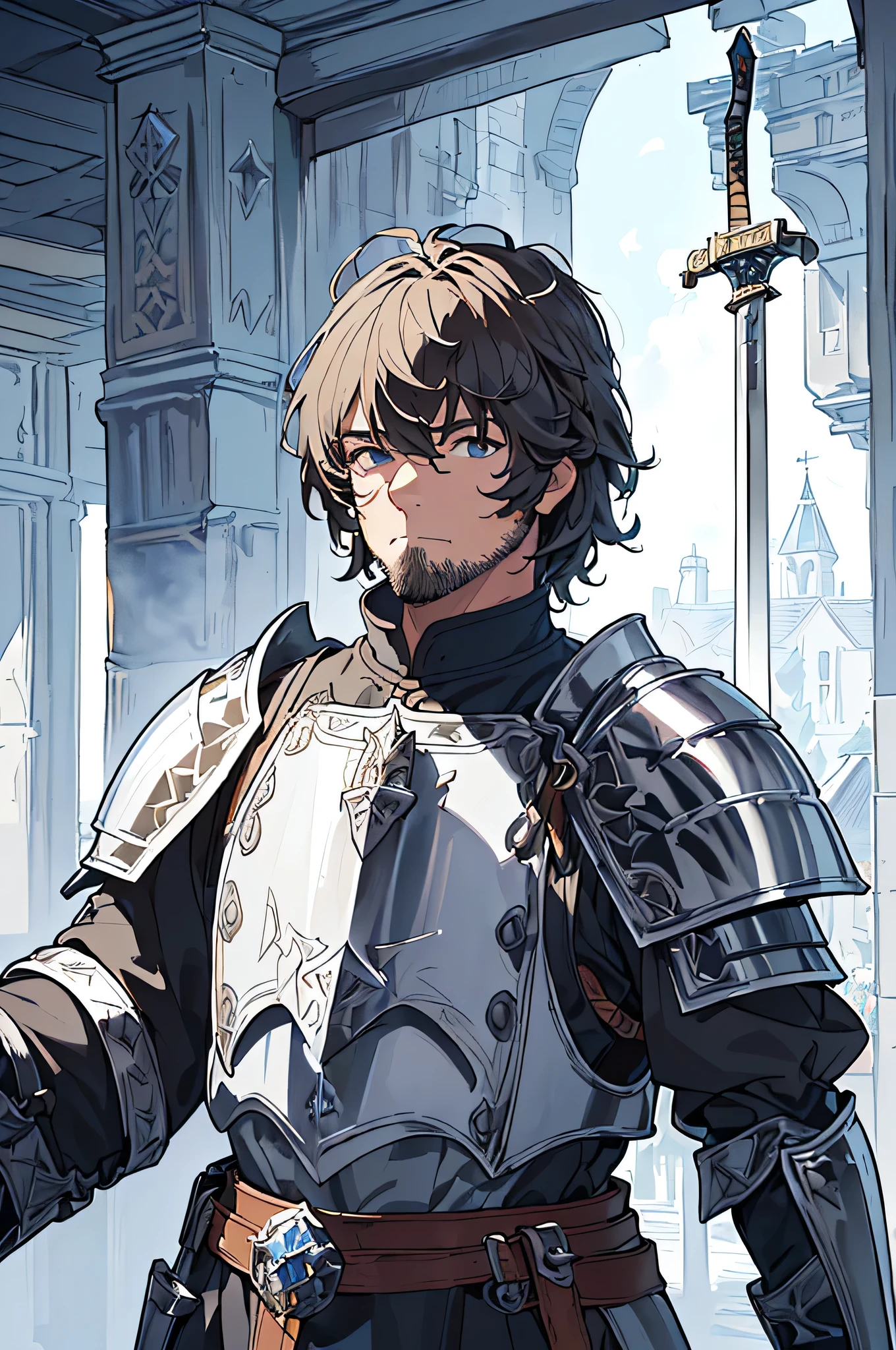 Solo,Absurd resolution、hight resolution、(masterpiece:1.4)、ultra-detailliert、(Detailed finger),((One middle-aged man)),((Knights))、((Nightman)),Fantasy costume,Original Character,((Wearing armor))、((Heavy armor、breastplates)),(With a Western sword:1.5),((Costumes of medieval Europe)),, (Facing:1.2),(Full body portrait),(Standing:1.3),((white backgrounid:1.4))