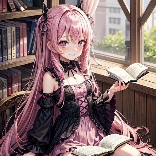 wear gothic loli Pink Hair Loli body type Flat Chest Reading a book Nihilistic smile
