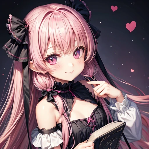 wear gothic loli　Pink Hair　Loli body type　Flat Chest　Reading a book　Nihilistic smile