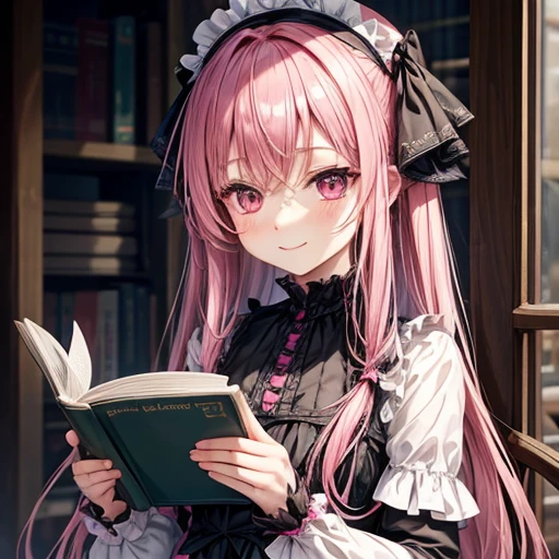 wear gothic loli Pink Hair Loli body type Flat Chest Reading a book Nihilistic smile