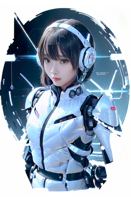 A girl in a futuristic bright white heavily armored robot suit takes a photo、perfect android girl, Female cyborg body, Perfect anime cyborg woman, Beautiful female android!, Female Robot, completely robot!! girl, Cute cyborg girl, Cyber Suit, Girl wearing mecha cybernetic armor, Cyber Suit, beutiful white girl cyborg, Beautiful female android, Beautiful girl cyborg、Cute cyborg girl with short bob hair、Beautiful android sculpture model、(Laughter)、((Rounded, white, sturdy armor))、(((Equipped with long sensor antennas on both ears)))、(((Robot Girl)))、(((Android girls)))、