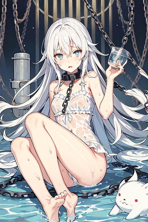 white straight hair, pretty, barefoot, blue eye, chain collar, white skin, wet, shy, best quality, chain, black swimsuite, young, dirty water, jail