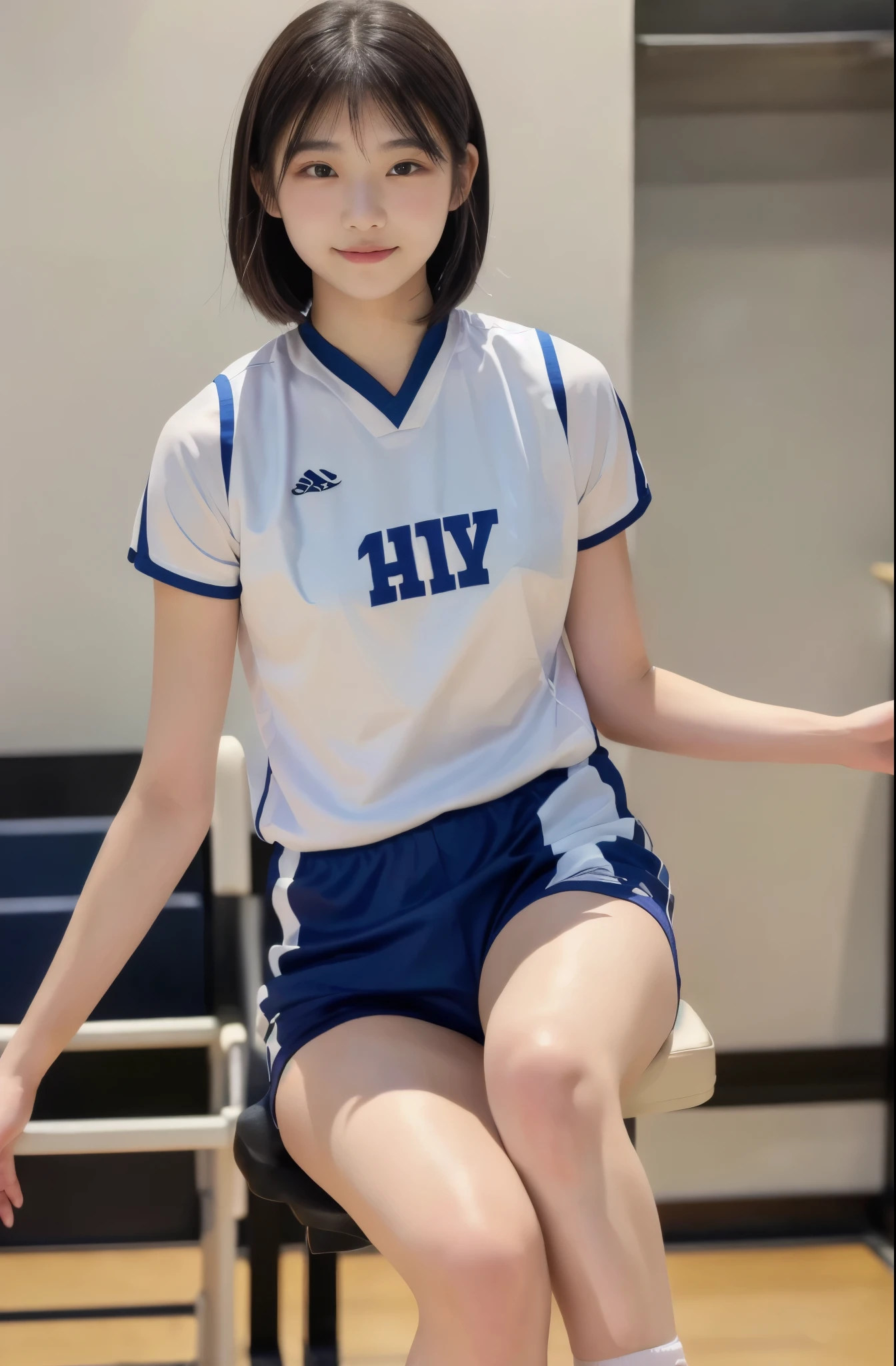 (Masterpiece, High Definition, Ultra High Definition, 8K) Black Short hair, 18 years old Japan girl, white thighs, glossy thighs, volleyball uniform