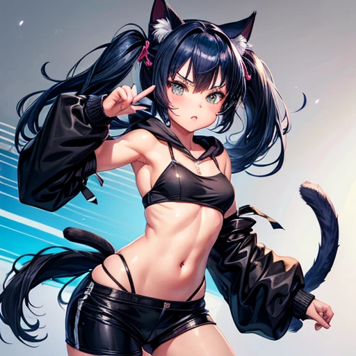 A girl with dark blue hair, cat ears and a tail, wearing a black bikini and racing pants　Loli body type　　Twin tails　　　　Flat Chest　Wearing a hoodie　Butt in detail　holding a ninja sword　