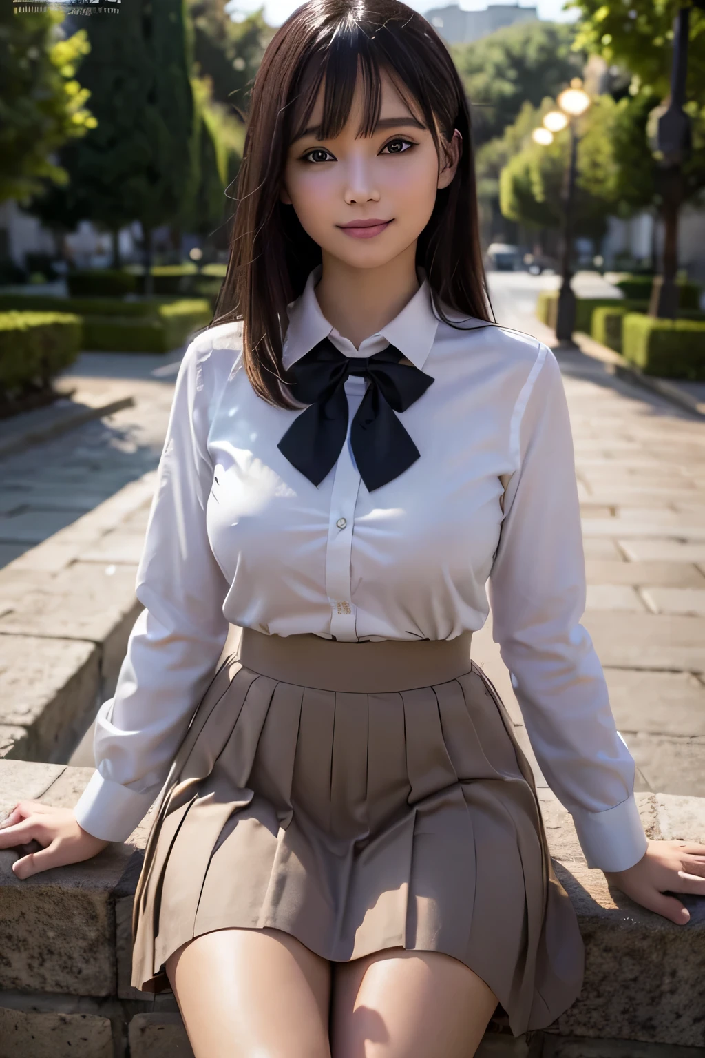 There is a woman who is in the cemiterio dawn, (8k, RAW photo, best quality, masterpiece: 1.2), (realistic, photo-realistic: 1.37), ultra-detailed, 1 girl, beautiful, solo, beautiful detailed sky, night, sitting, dating, (flushed nose), (smile: 1.1), medium breasts, beautiful detailed eyes, (collared shirt: 1.1), bow tie, pleated skirt,