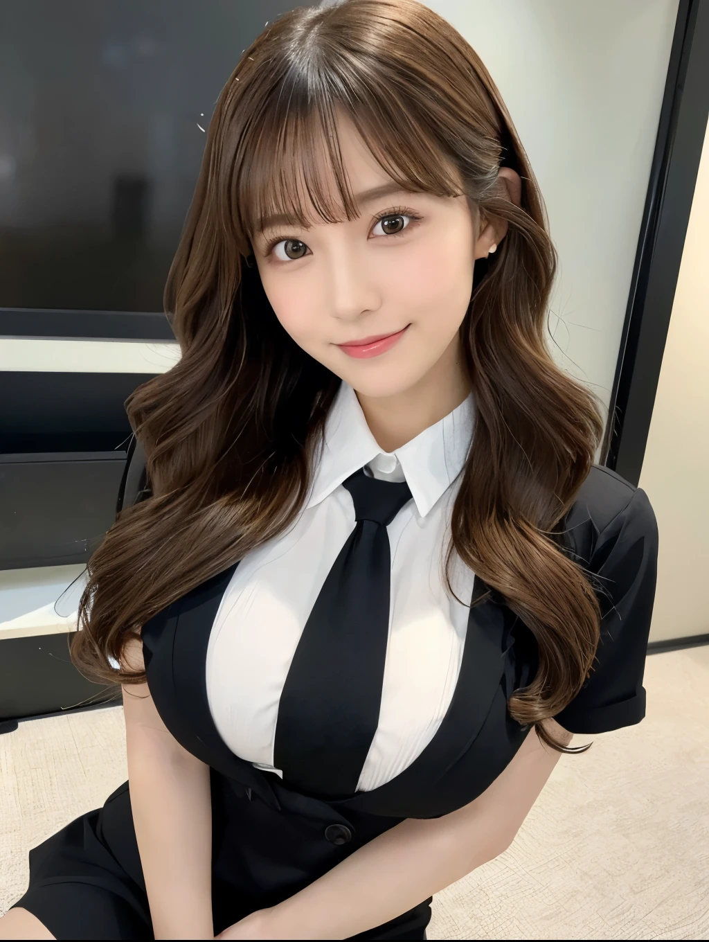 Realistic:1.2,Masterpiece,highest quality，98k,((One Woman)),20-year-old,Japanese women、Tight waist,Perfect Anatomy, Brown Hair, Wavy Hair,Random Hairstyles,Big beautiful breasts,((Perfectly detailed face and eyes:1.2))((Cute Face:1.2))，Random pause，smile、Black secretary suit、mini skirt、Full Body Shot,Natural Face