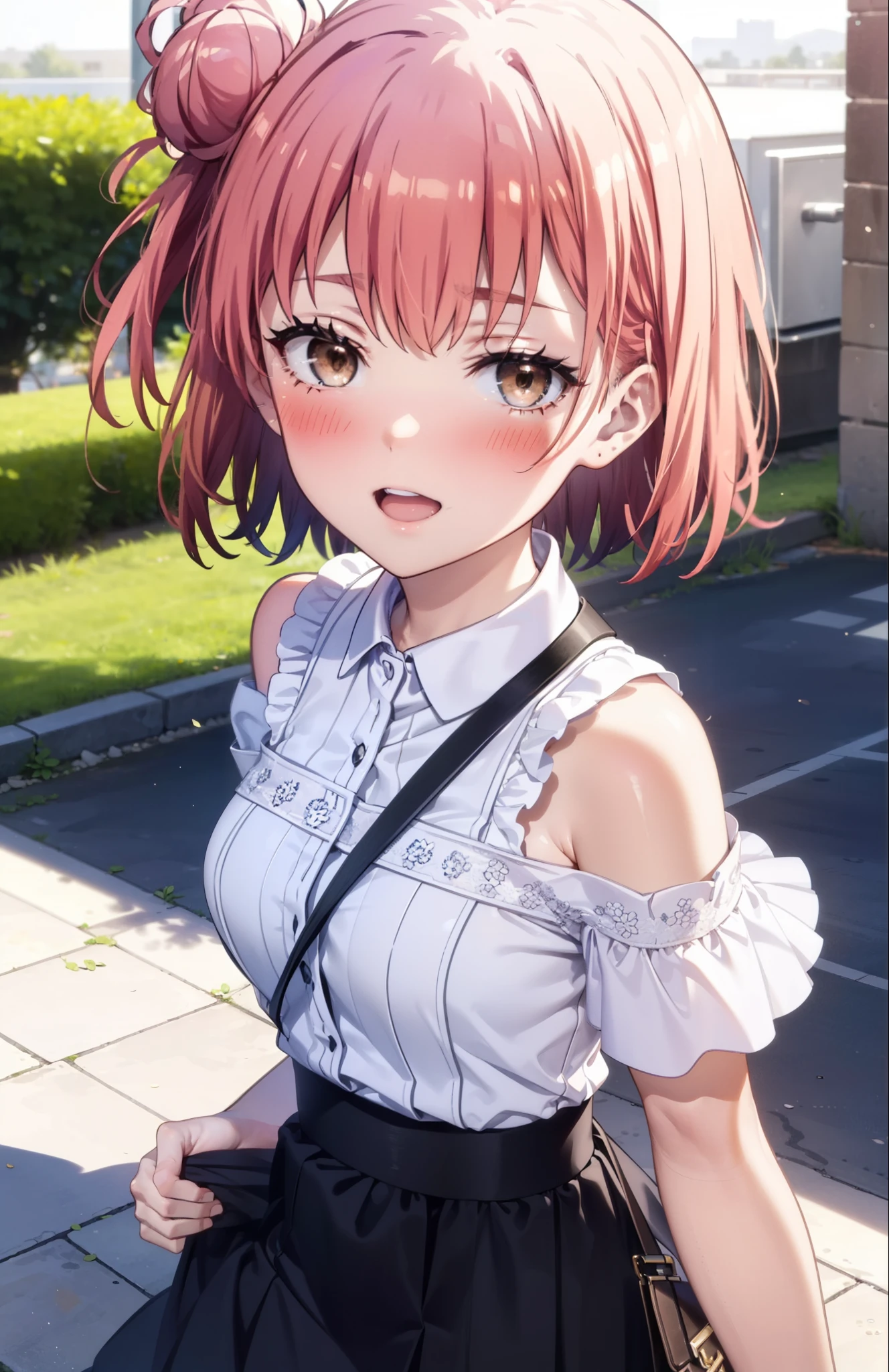yuiyuigahama, yui yuigahama, short hair, (Brown eyes:1.5), (Pink Hair:1.2), Hair Bun, single Hair Bun, happy smile, smile, Open your mouth,Cord off-shoulder top,Short sleeve,Long skirt,Stiletto heels,morning,morning陽,The sun is rising,walk,whole bodyがイラストに入るように,morning,morning陽,The sun is rising,On the way to school,
break outdoors, School,School building,
break looking at viewer, whole body,
break (masterpiece:1.2), highest quality, High resolution, unity 8k wallpaper, (shape:0.8), (Beautiful details:1.6), Highly detailed face, Perfect lighting, Highly detailed CG, (Perfect hands, Perfect Anatomy),