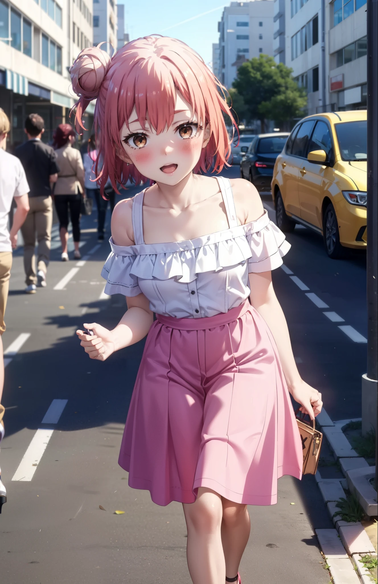 yuiyuigahama, yui yuigahama, short hair, (Brown eyes:1.5), (Pink Hair:1.2), Hair Bun, single Hair Bun, happy smile, smile, Open your mouth,Cord off-shoulder top,Short sleeve,Long skirt,Stiletto heels,morning,morning陽,The sun is rising,walk,whole bodyがイラストに入るように,morning,morning陽,The sun is rising,On the way to school,
break outdoors, School,School building,
break looking at viewer, whole body,
break (masterpiece:1.2), highest quality, High resolution, unity 8k wallpaper, (shape:0.8), (Beautiful details:1.6), Highly detailed face, Perfect lighting, Highly detailed CG, (Perfect hands, Perfect Anatomy),