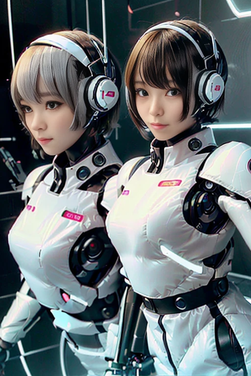 A girl in a futuristic bright white heavily armored robot suit takes a photo、perfect android girl, Female cyborg body, Perfect anime cyborg woman, Beautiful female android!, Female Robot, completely robot!! girl, Cute cyborg girl, Cyber Suit, Girl wearing mecha cybernetic armor, Cyber Suit, beutiful white girl cyborg, Beautiful female android, Beautiful girl cyborg、Cute cyborg girl with short bob hair、Beautiful android sculpture model、(Laughter)、((Rounded, white, sturdy armor))、(((Equipped with long sensor antennas on both ears)))、(((Robot Girl)))、(((Android girls)))、