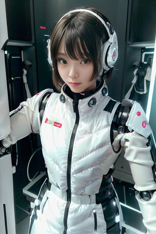 A girl in a futuristic bright white heavily armored robot suit takes a photo、perfect android girl, Female cyborg body, Perfect anime cyborg woman, Beautiful female android!, Female Robot, completely robot!! girl, Cute cyborg girl, Cyber Suit, Girl wearing mecha cybernetic armor, Cyber Suit, beutiful white girl cyborg, Beautiful female android, Beautiful girl cyborg、Cute cyborg girl with short bob hair、Beautiful android sculpture model、(Laughter)、((Rounded, white, sturdy armor))、(((Equipped with long sensor antennas on both ears)))、(((Robot Girl)))、(((Android girls)))、